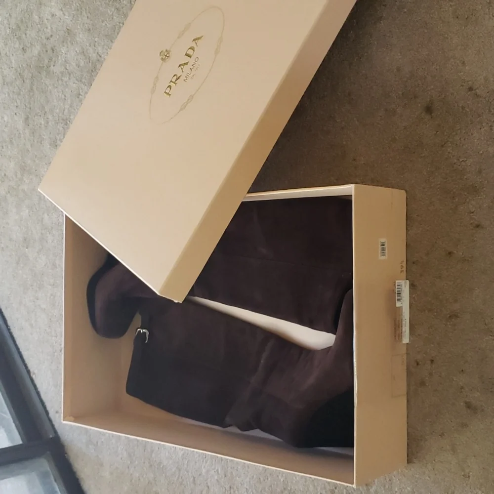 Prada Brown Suede Black Wedge Silver Buckle (just) below Knee Boots size 39.5 - Picture 6 of 6